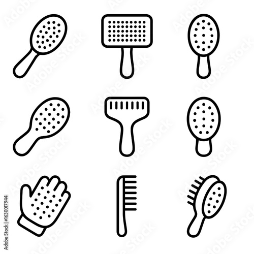 Pet Grooming Brushes Icon Set. Outline icon set of pet grooming brushes: bristle brush, slicker brush, pin brush, rubber brush, de