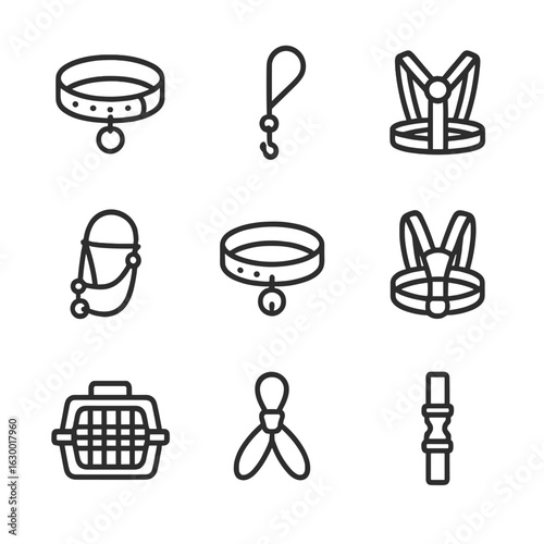 Pet Strap Icon Set. Outline icon set of animal and pet straps: dog collar strap, leash strap, harness strap, horse bridle strap,