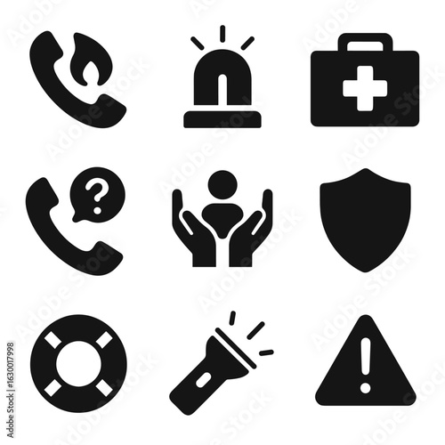 Crisis Intervention Icons. Solid, filled icons set of crisis intervention: emergency phone, alarm bell, first