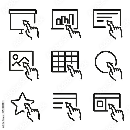 Icon Grid Outline. Outline icon set of drag in presentation and layout: drag slide, drag chart, drag text box, drag image, drag