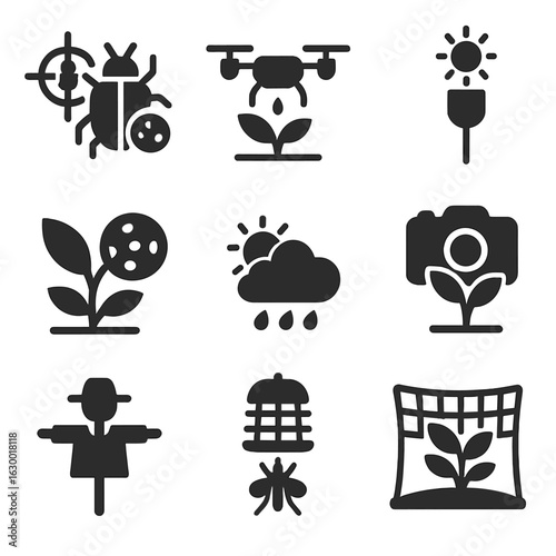 Crop Monitoring Icons. Solid, filled icons set of crop monitoring and protection: pest detector, drone