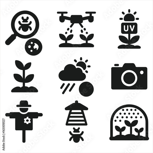 Crop Monitoring Icons. Solid, filled icons set of crop monitoring and protection: pest detector, drone