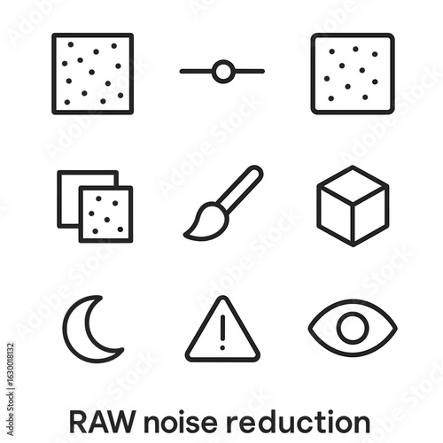 Photography Icon Sets. Outline icon set of RAW noise reduction: noise pattern icon, denoise slider, grain preview icon, sample