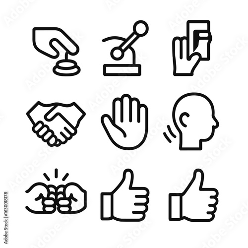 Physical Interaction Icons. Outline icon set of physical interactions: button press, lever pull, switch toggle, dial turn,