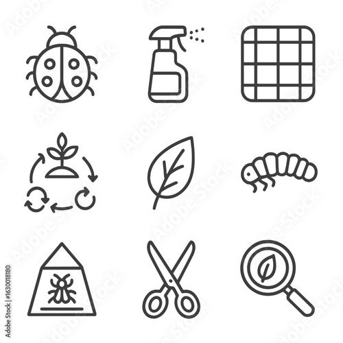 Crop Protection Icons. Outline icon set of pest and disease control in crops: ladybug, pesticide spray,