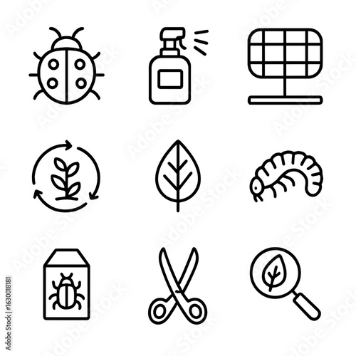 Crop Protection Icons. Outline icon set of pest and disease control in crops: ladybug, pesticide spray,