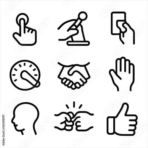 Physical Interaction Icons. Outline icon set of physical interactions: button press, lever pull, switch toggle, dial turn,