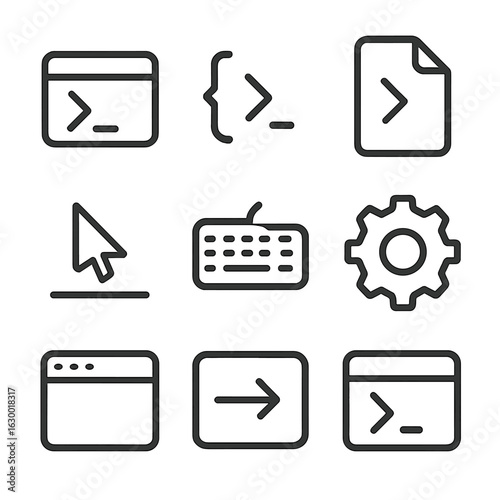 Ping Command Icons. Outline icon set of ping commands: terminal, command line, shell, script, input cursor, keyboard, gear