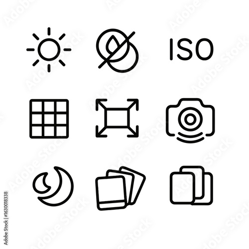 Camera Settings Icons. Outline icon set of phone camera settings: exposure, white balance, ISO, grid lines, resolution, image