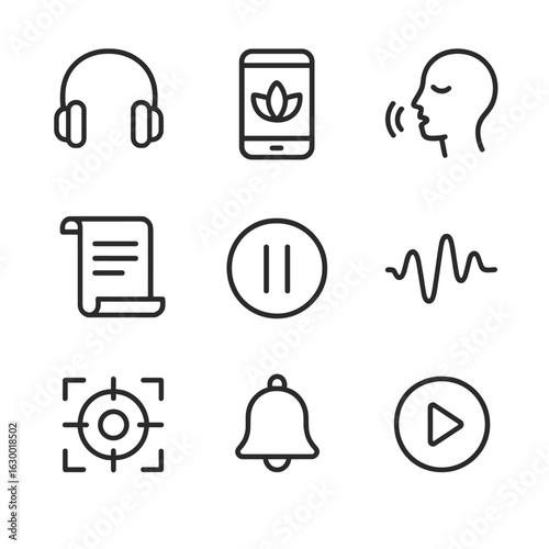 Guided Meditation Icon Set. Outline icon set of guided meditation: headphones icon, mobile app, calm voice icon, script scroll,