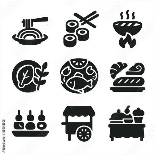 Culinary Icon Set. Solid, filled icons set of restaurant culinary themes: Italian pasta, sushi rolls, barbecue