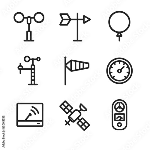 Gust Detection Tools Icons. Outline icon set of gust detection tools: anemometer, wind vane, weather balloon, weather station,