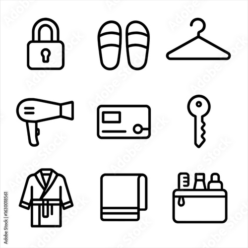 Gym Bag Essentials. Outline icon set of locker room gym bag items: padlock, shower sandals, clothes hanger, hairdryer, gym card,