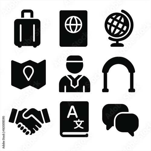 Cultural Adaptation Icons. Solid, filled icons set of Adapting to new cultures: suitcase, passport, globe, map