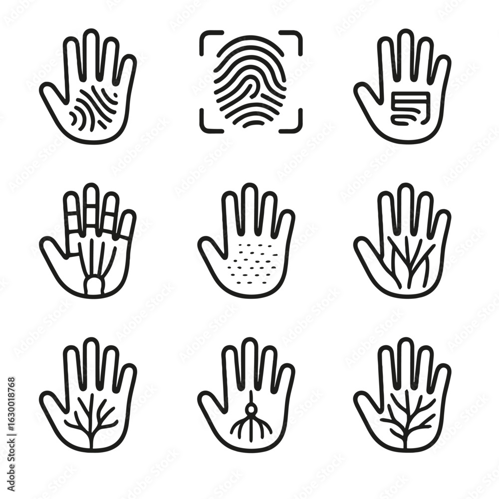 Obraz premium Handprint Icon Collection. Outline icon set of handprint in medicine and biology: dermatoglyphics, fingerprint analysis, palm vein