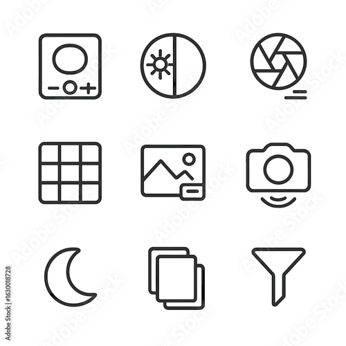 Camera Settings Icons. Outline icon set of phone camera settings: exposure, white balance, ISO, grid lines, resolution, image