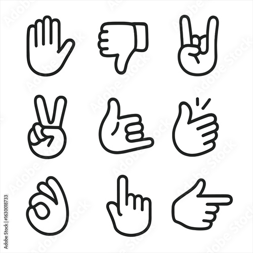Hand Signal Icons. Outline icon set of hand signals: stop hand, thumbs down, rock sign, peace gesture, call me hand, finger snap,