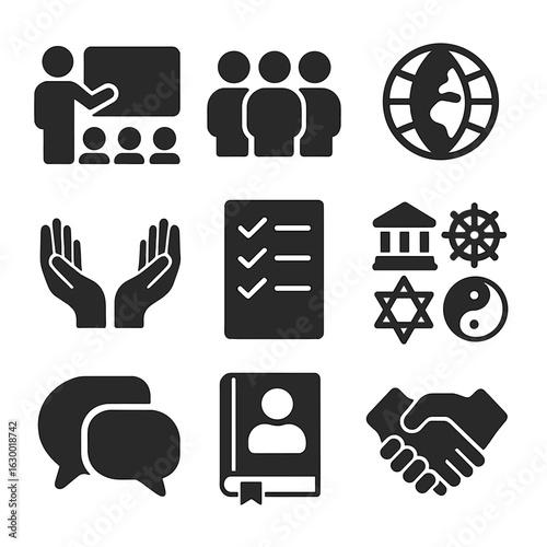 Cultural Awareness Icons. Solid, filled icons set of Cultural sensitivity training: teacher at board, diverse