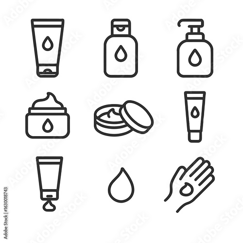 Hand Cream Icons. Outline icon set of hand cream products: tube of cream, hand lotion bottle, pump dispenser, jar of cream,