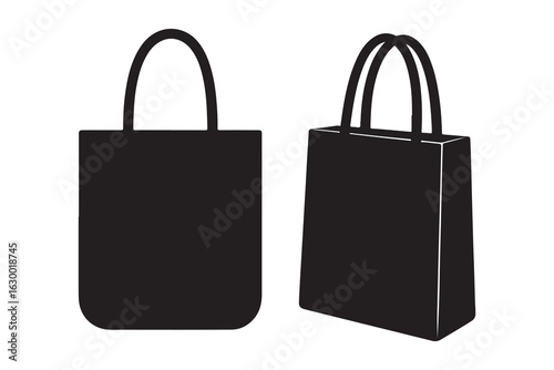 set of Flat Black Tote Bag Vector, Silhouette bag ladies, Hand Drawn Shopping Bag Icon Vector, Collection of Ladies Bag Vector Silhouettes, vector silhouette of a tote bag