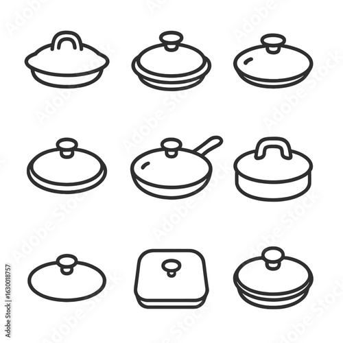 Pot Lid Icons. Outline icon set of pot and pan lids: cast iron lid, enamel lid, clear lid, knob handle lid, side-handle lid, heavy