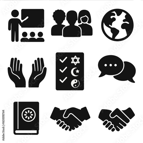 Cultural Awareness Icons. Solid, filled icons set of Cultural sensitivity training: teacher at board, diverse