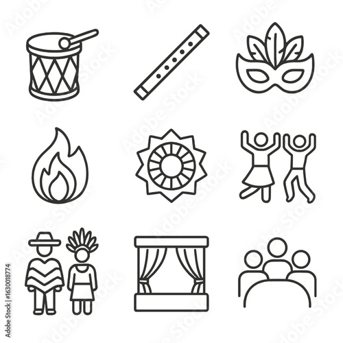 Cultural Celebrations Icons. Outline icon set of cultural celebrations: drum, flute, mask, fire, sun emblem,