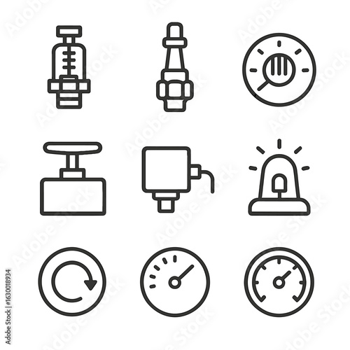 Pressure Control Icons. Outline icon set of pressure control: pressure relief valve, safety valve, regulator knob, pressure switch