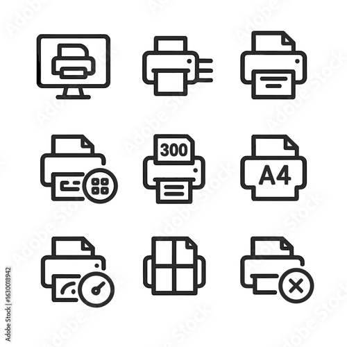 Print Settings Icons. Outline icon set of print settings and controls: print preview, print queue, duplex printing, print