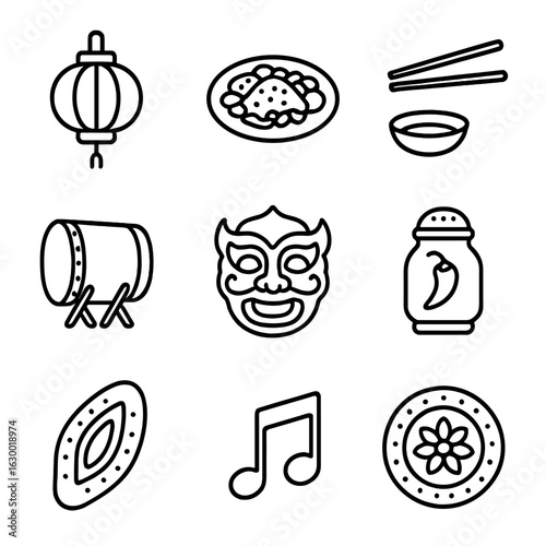 Cultural Food Icons. Outline icon set of cultural food celebrations: lantern, traditional dish, chopsticks,