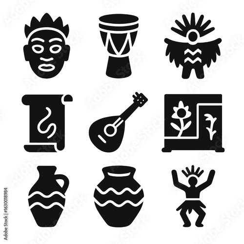 Cultural Icons Grid. Solid, filled icons set of cultural artistic expression: traditional mask, tribal drum,