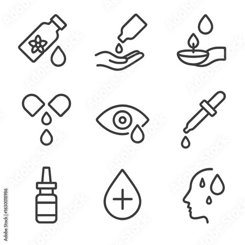 Health Drip Icons. Outline icon set of drip in health and wellness: essential oil drip, massage oil drop, aromatherapy drop,