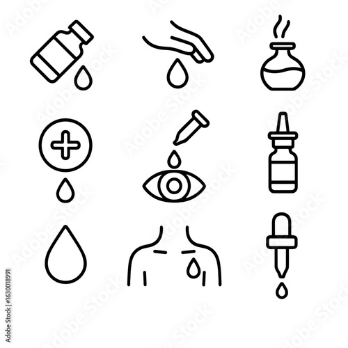 Health Drip Icons. Outline icon set of drip in health and wellness: essential oil drip, massage oil drop, aromatherapy drop,