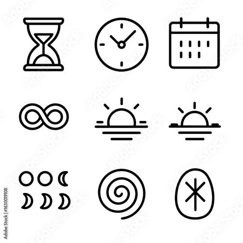 Prophecy and Magic Icons. Outline icon set of prophecy time concepts: hourglass, clock, calendar, timeline, eternal loop, sunrise,