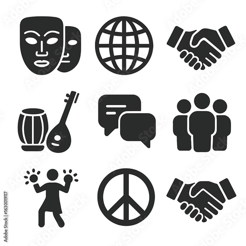 Cultural Harmony Icons. Solid, filled icons set of Ethnic diversity and adaptation: cultural masks, globe,
