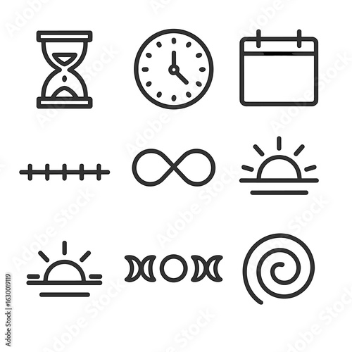 Prophecy and Magic Icons. Outline icon set of prophecy time concepts: hourglass, clock, calendar, timeline, eternal loop, sunrise,