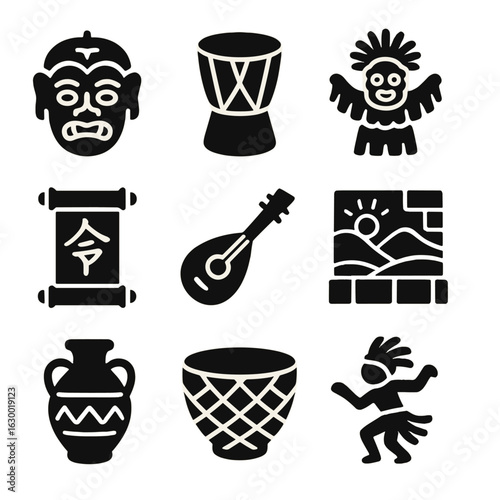 Cultural Icons Grid. Solid, filled icons set of cultural artistic expression: traditional mask, tribal drum,
