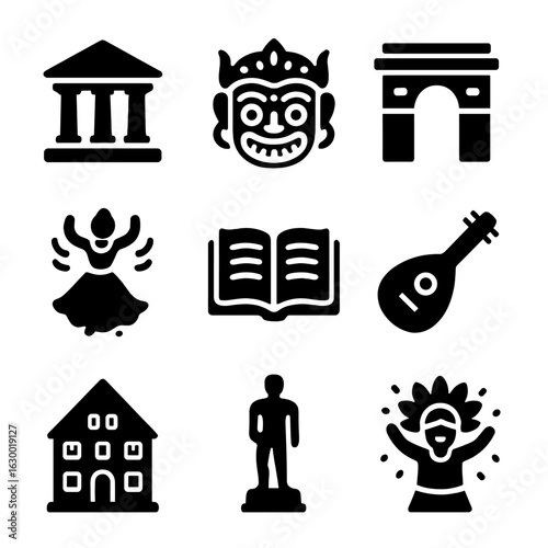 Cultural Heritage Icons. Solid, filled icons set of Cultural heritage: ancient temple, traditional mask,