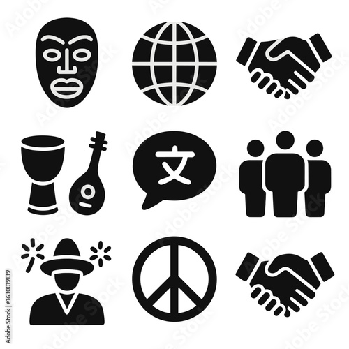 Cultural Harmony Icons. Solid, filled icons set of Ethnic diversity and adaptation: cultural masks, globe,