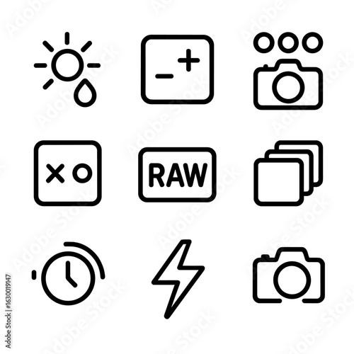 Camera Settings Icons. Outline icon set of camera settings: white balance, exposure compensation, metering mode, focus mode, image