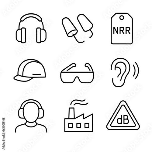 Hearing Protection Icons. Outline icon set of hearing protection: earmuffs, earplugs, noise reduction rating, protective helmet,