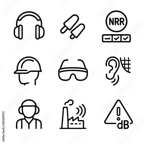 Hearing Protection Icons. Outline icon set of hearing protection: earmuffs, earplugs, noise reduction rating, protective helmet,