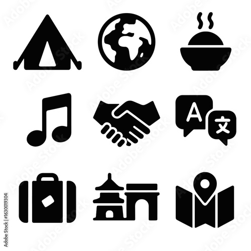 Cultural Immersion Icons. Solid, filled icons set of Cultural immersion experiences: camping tent, globe,