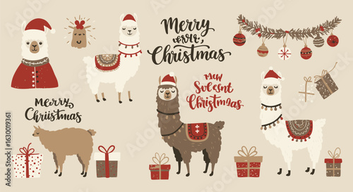 Christmas themed illustration featuring llamas wearing Santa hats, festive decorations, gifts, and holiday greetings against a beige background.