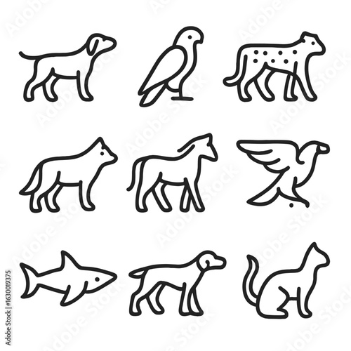 Pursuit Animal Icons. Outline icon set of pursuit animals: hunting dog, falcon, cheetah, wolf, horse, eagle, shark, hound, cat.