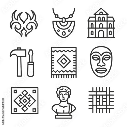 Cultural Legacy Icons. Outline icon set of cultural legacy in contemporary design: tribal tattoo, folk jewelry