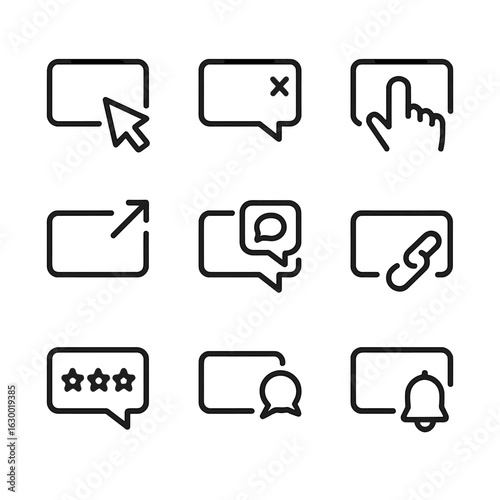 Push Message Icons. Outline icon set of push message engagement: click icon, dismiss icon, interact icon, share icon, feedback