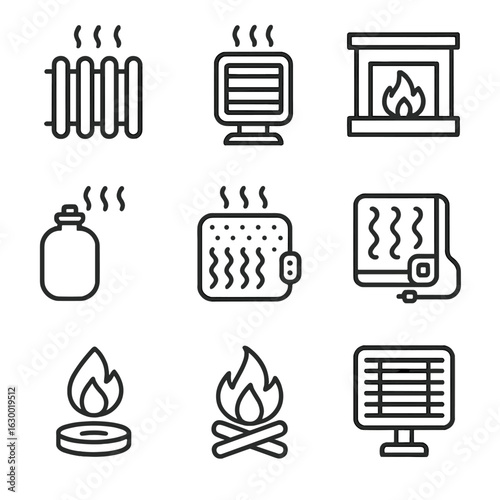 Heating Elements Icons. Outline icon set of heating elements: radiator, electric heater, fireplace, hot water bottle, heated