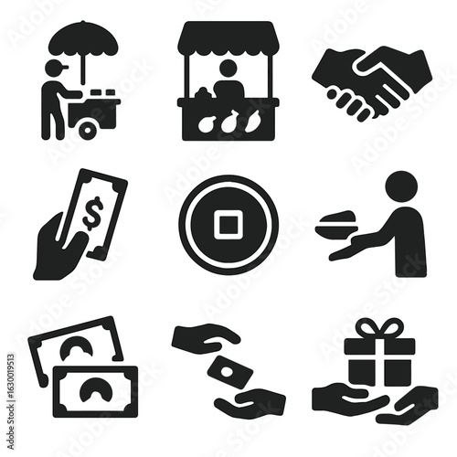 Cultural Payment Icons. Solid, filled icons set of cultural and local payment practices: street vendor, market