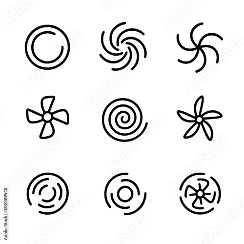 Radial Motion Icon Set. Outline icon set of radial blur: spinning circle, vortex swirl, whirling lines, rotating fan, spiral